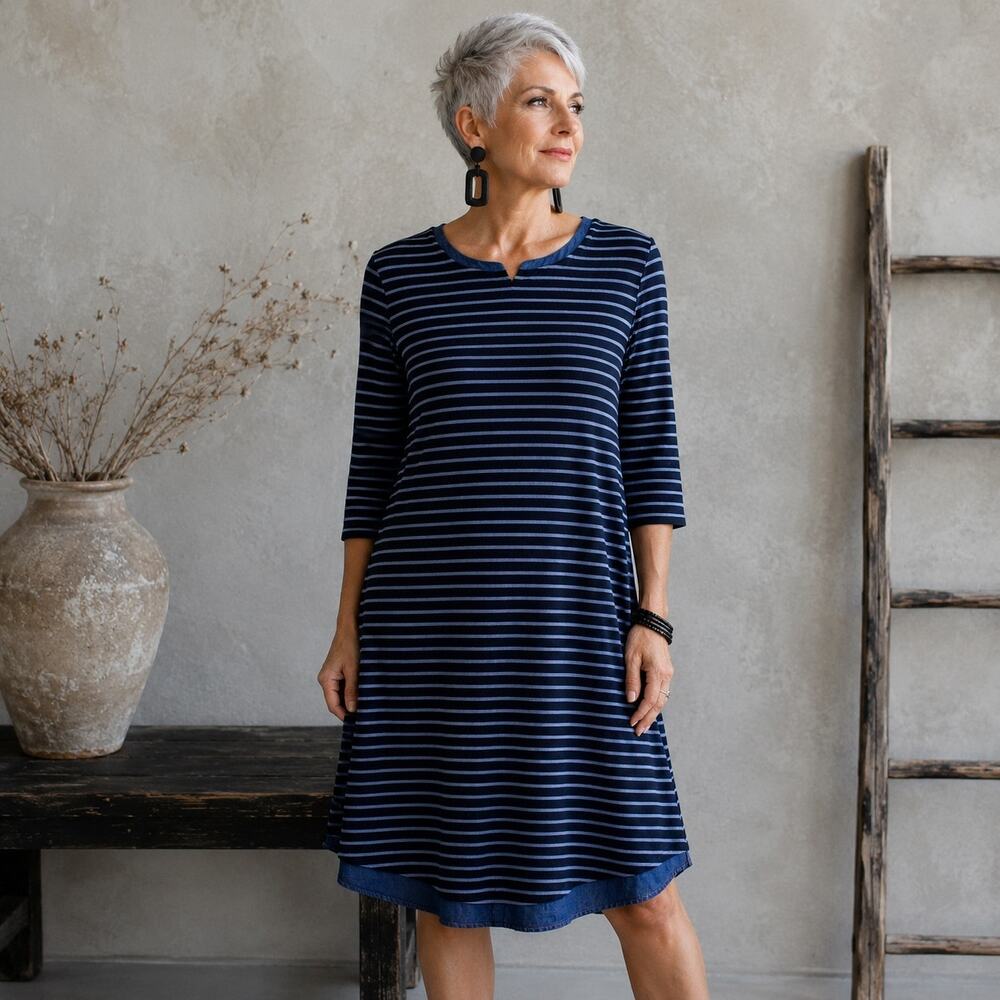 J Jill Mixed Media Navy Stripe Shift Dress  XSP